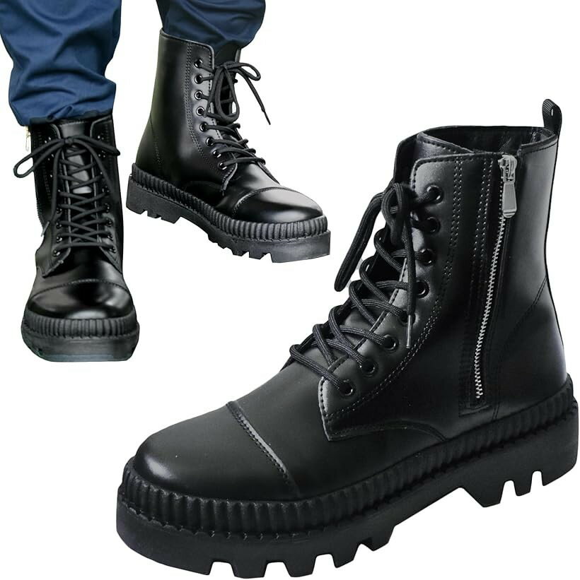 シークレットブーツ ワークブーツ ショートブーツ メンズ 6cm ハイカット 厚底 サイドジッパー 脚長効果 身長UP 身長アップ 25.5 (ブラック, 25.5 cm)