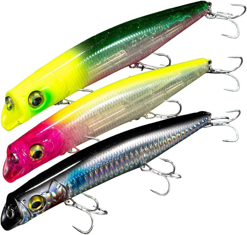 Rakuten - シーバスルアー リップレスミノー フローティング シャロー トレブルフック付き 125mm 21g 重心移動 (3本（チャートグリーン、ピンクヘッドイエロー、ブラックシルバー）, 12.5cm)