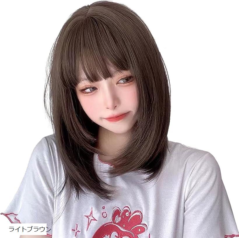 ウィッグ ミディアム ボブ セミロング フルウィッグ 女性 かつら ウイッグ コスプレ 女装 wig 小顔 耐熱 ＆ピンク 黒茶 ローズピンク＆ブルー ホワイトゴールド 黒茶＆カール ライトブラウン