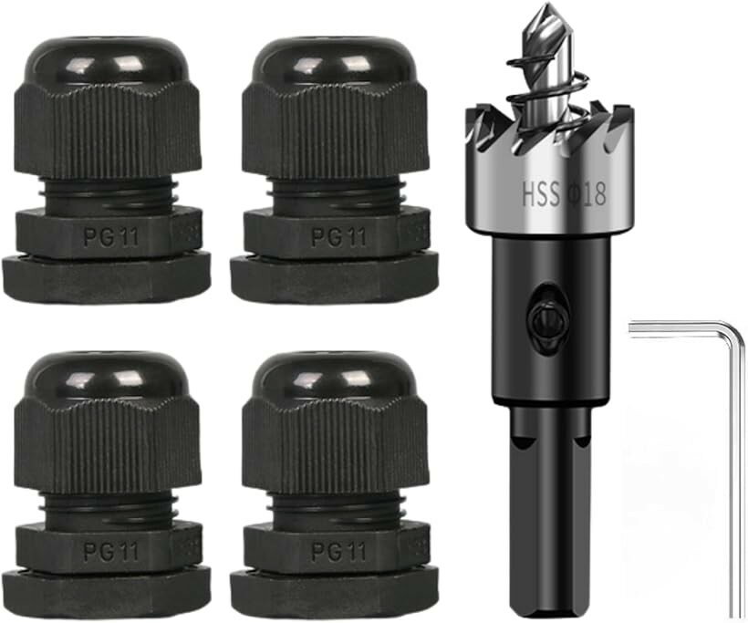 互換品 ケーブルグランド PG11 4個 ホールソー 18mm 1個 セット 防水 コネクタ ドリルビット ホールカ..
