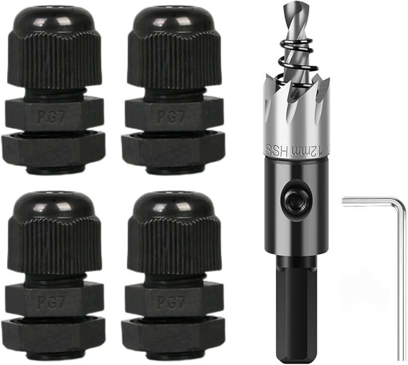 互換品 ケーブルグランド PG7 4個 ホールソー 12mm 1個 セット 防水 コネクタ ドリルビット ホールカッ..