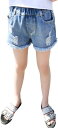 フリフラ デニム ショートパンツ 裾フリンジ & ダメージ加工 女の子 レディース 青
