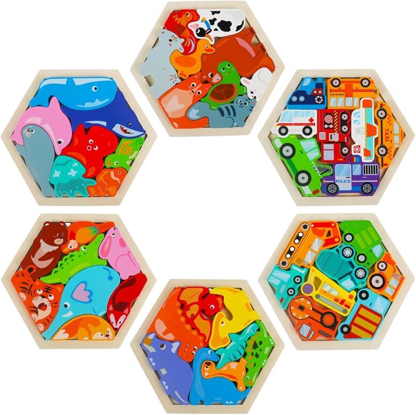木製パズル はめ込み 恐竜 海洋生物 車 6個セット