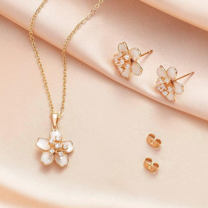 桜 ピアス ネックレス セット さくら レディース スタッドピアス k18金RGP 大人 可愛い 金属アレルギー対応 レッド ピンク ブラック イエロー ホワイト