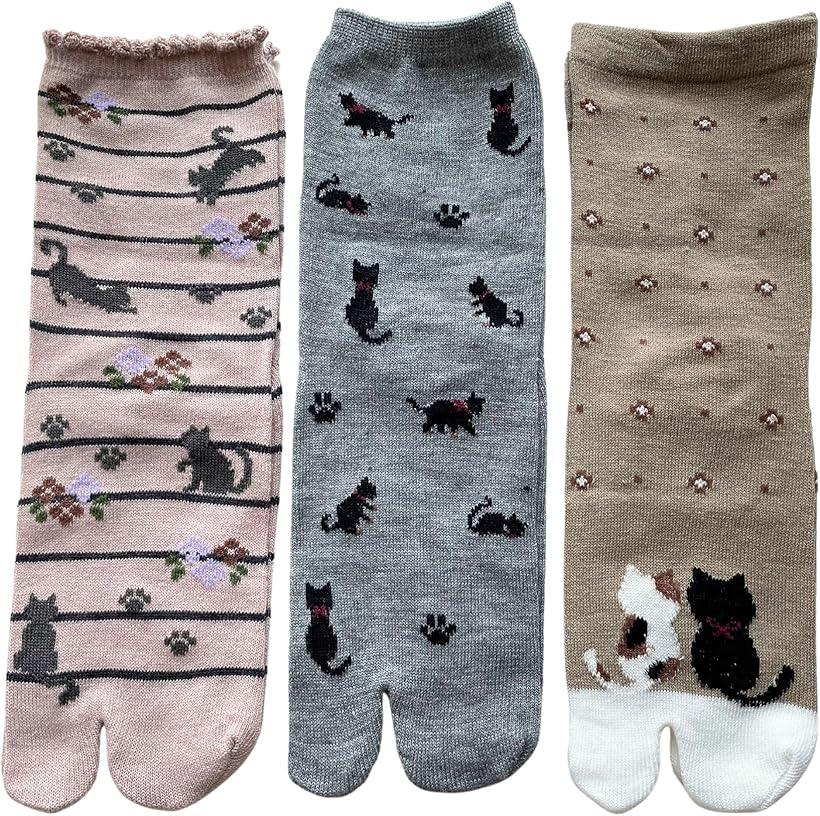 足袋 ソックス レディース 夏 薄手 綿混 猫柄 可愛い たび 靴下 ネコ柄 口ゴム ゆったり 3足セット 柄お任せ B20