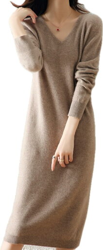 ニットワンピース レディース ロング丈 Vネック タイト リブ 長袖 JP Free Size ニットワンピース レディース ロング丈 Vネック タイト リブ 長袖 JP Free Size