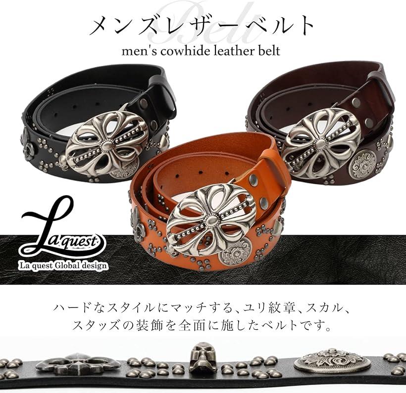 ラクエスト デカ ゴツ バックル メンズ 牛革 レザー ベルト スタッズ ユリ 紋章 アイリス レリーフ
