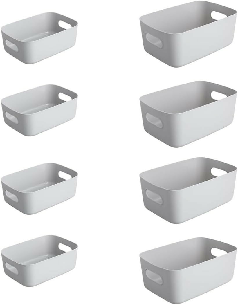 収納ボックス 小物入れ 取っ手付き バスケット プラスチックケース 収納バスケット 8個セット (グレー, 中および小)