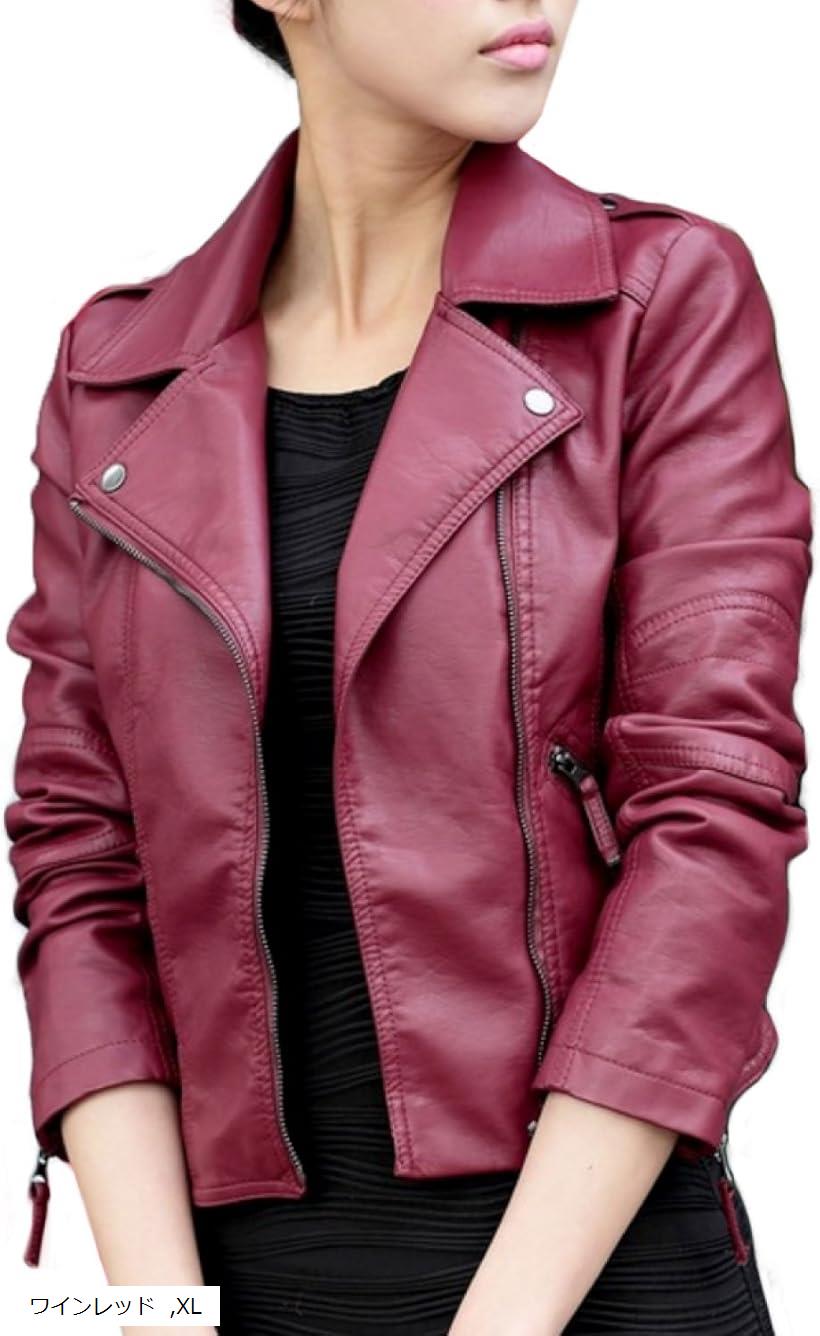 ロングイ ライダースジャケット ダブル フェイクレザー レディース バイカー 革ジャン 2XL L ブラック 3XL M S 3L ワインレッド XL