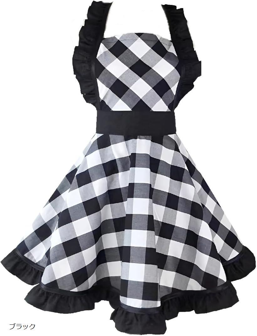 エプロン ギンガムチェック フリル付き 女性用前掛け レストラン カフェ キッチン ブラック