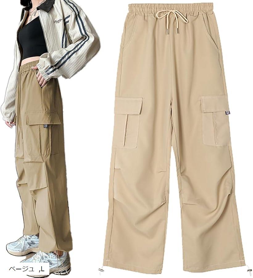 レディース カーゴ パンツ ワイドレッグ ポケット ロングパンツ ワイドパンツ ゆったり お洒落 可愛い ブラック M ベージュ L