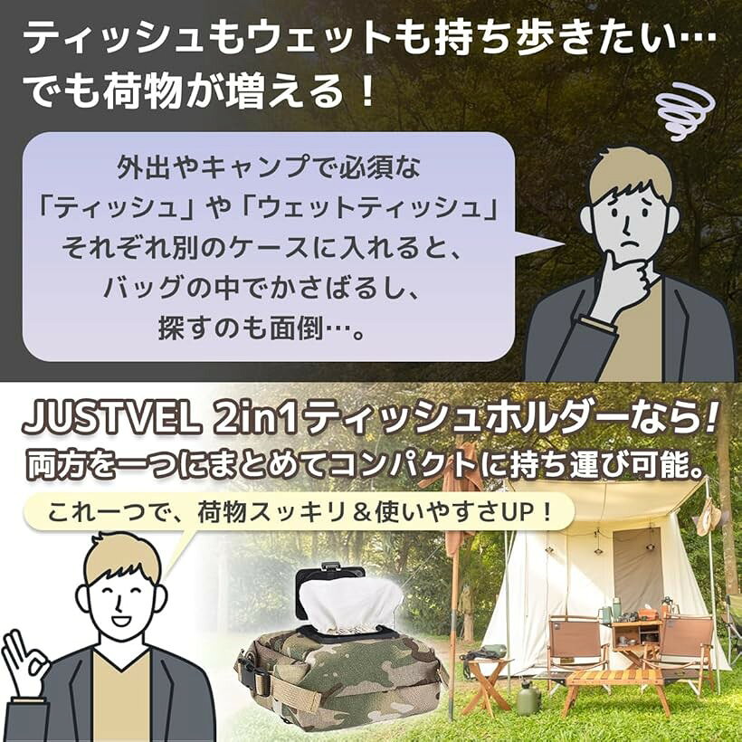 エムラインストアのウェットティッシュケース ポケットティッシュ ホルダー 2in1 乾湿両用ひとまとめ 両方 持ち運び 携帯 車 アウトドア キャンプ 2種類 収納 多機能 ポーチ ベルト付き (カーキ)｜アングル3