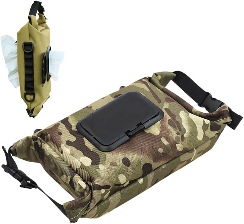 ウェットティッシュケース ポケットティッシュ ホルダー 2in1 乾湿両用ひとまとめ 両方 持ち運び 携帯 車 アウトドア キャンプ 2種類 収納 多機能 ポーチ ベルト付き (迷彩)