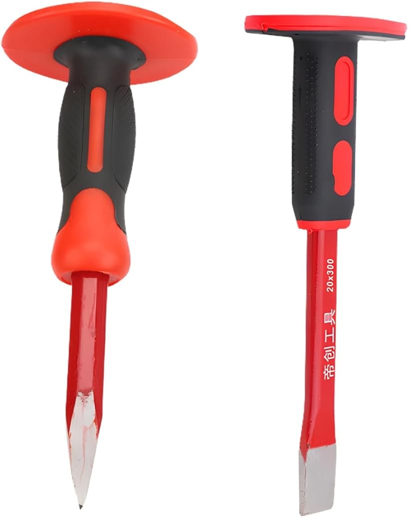 ノミ 工具 石工ノミ 石工チゼル セット ラバーハンドル 石を割る道具 タガネ のみ 採掘 砕石 彫刻 (レッド, 25cm)