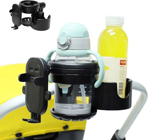 ベビーカー 2個置き + スマホホルダー ブランケットクリップ フック セット 黒 哺乳瓶 ペットボトル 360˚ 回転 2in1 ベビーカー 2個置き + スマホホルダー ブランケットクリップ フック セット 黒 哺乳瓶 ペットボトル 360˚ 回転 2in1