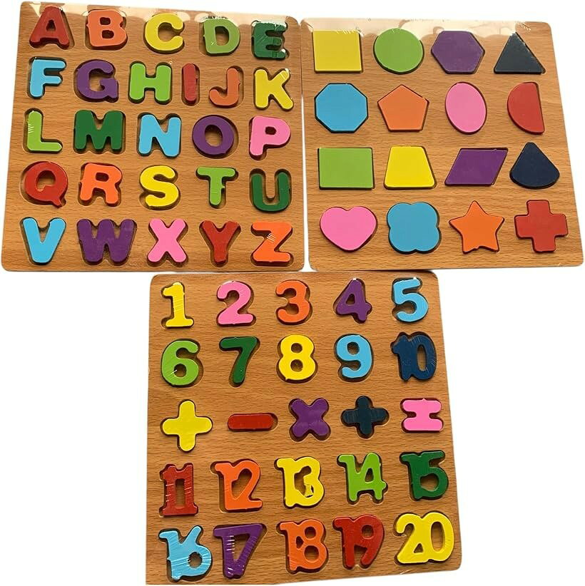 木製パズル 3個セット アルファベット 数字 図形 カラフル 知育玩具 積み木 (マルチ, 中)