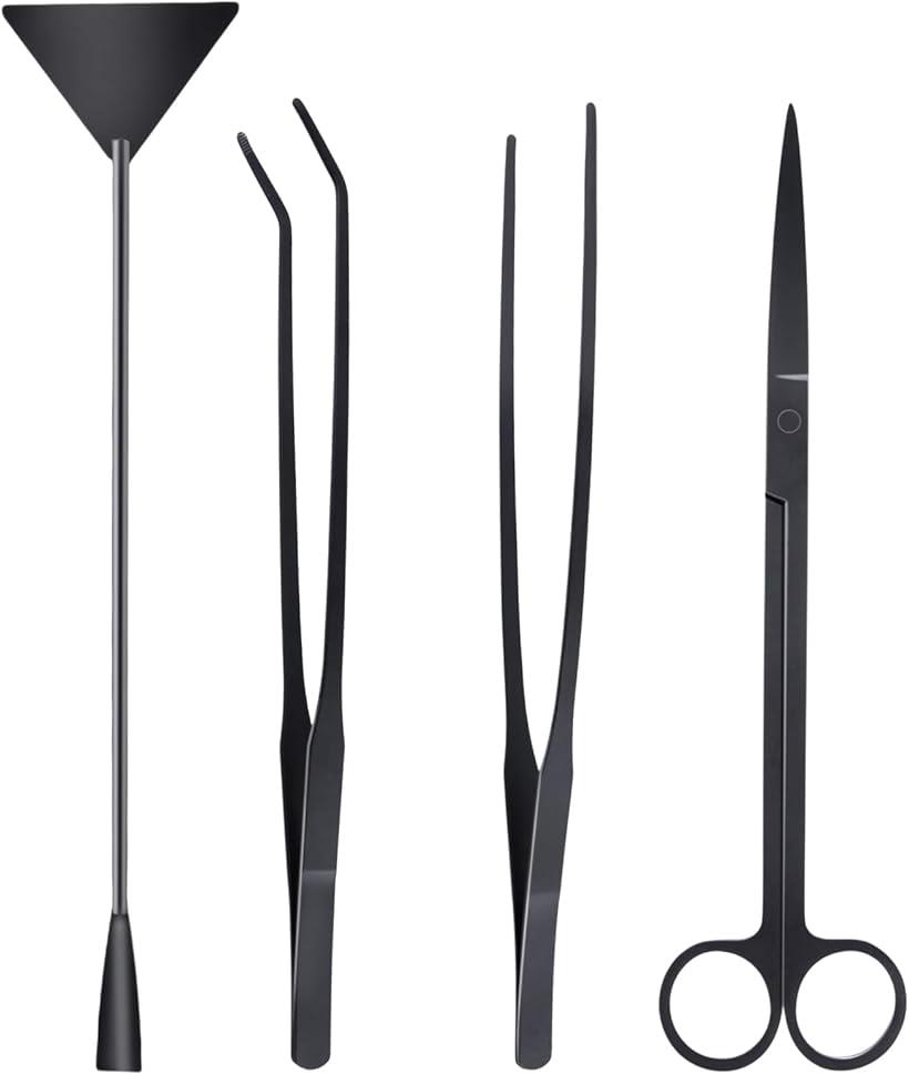水槽 掃除セット 4点セット 水草用ピンセット トリミング ステンレス ストレート 先曲がり フィッシュネット ハサミ サンドフラッター ロング(4)