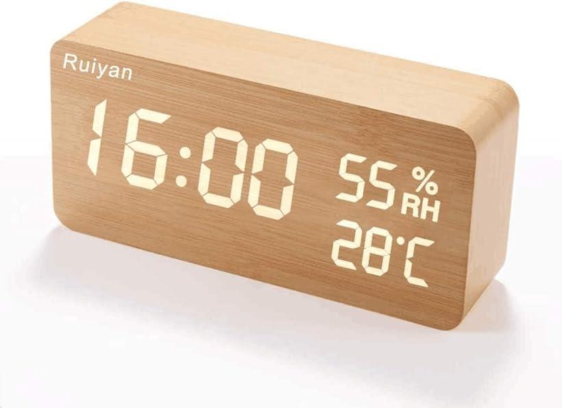 目覚まし時計 置き時計 おしゃれ 木目 LEDデジタル時計 アラームクロック 温度湿度計 カレンダー 音声感知 USB/乾電池給電 イエロー