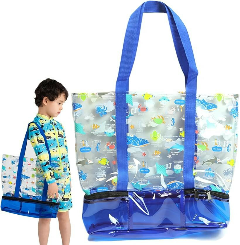 樂天商城 - 2層式 プールバッグ スイムバッグ ビーチバッグ キッズ 子供 乾湿分離 スイミング 水泳 男の子 女の子 軽量 (ブルー　マリン, 38cm x 32cm x 30cm)