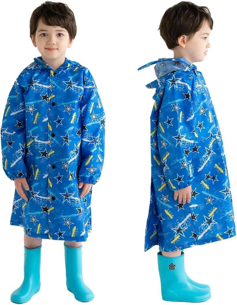 Rain Gear - レインコート キッズ 雨具 レインウェア カッパ ランドセル対応 男の子 女の子 子供 ベビー 通園 通学 撥水 軽量 収納バッグ付き ポンチョ (ブルー・スター, 100)