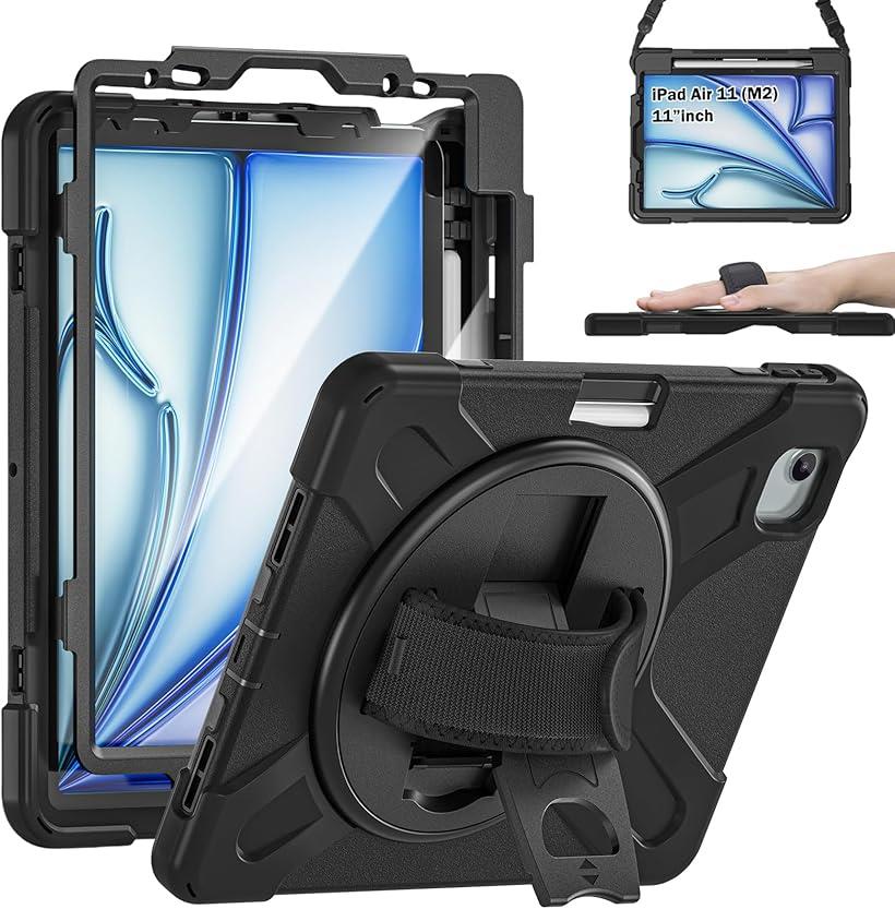 iPad ケース 耐衝撃 | ペン収納 360°回転スタンド ハンドストラップ ショルダーストラップ 全面保護ケース