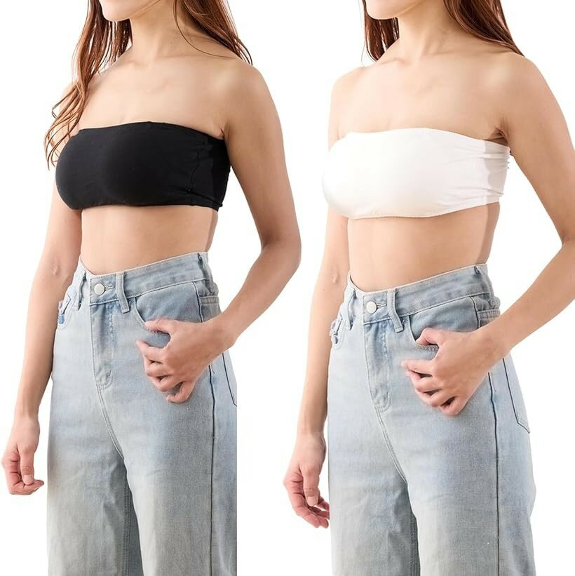 樂天商城 - カップ付きチューブトップ ストラップ取り外し可能 ズレずに盛れる 谷間メイク 脇高 ドレスブラ 紐なしブラ L 黒 白 (黒 白, L)