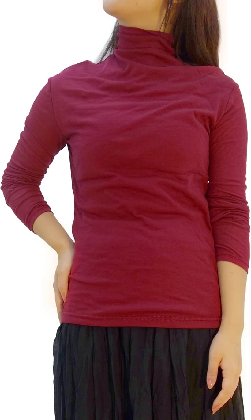 見せるインナー 長袖Tシャツ タートルネック レディース (ボルドー, L)