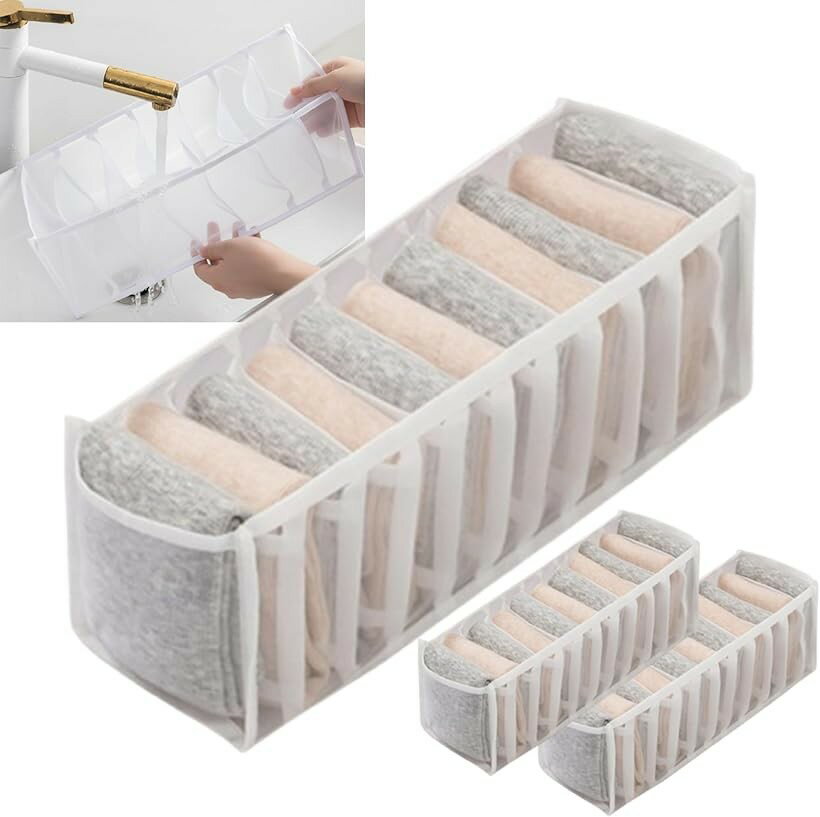 衣類収納 収納ボックス 下着 靴下 整理 小物 仕切り メッシュ素材 折りたたみ 11仕切り 3個セット クローゼット 引き出し 省スペース ランジェリー ケース