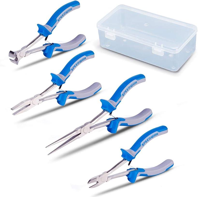 ロングリーチ プライヤーセット 4本組 リードペンチ 平ペンチ エンドニッパー 収納ケース付 キット 手の届かない狭い所に最適 精密作業 ミニ 小型 軽量 車 バイク メンテナンス 機械 整備 修理 プロ 工具