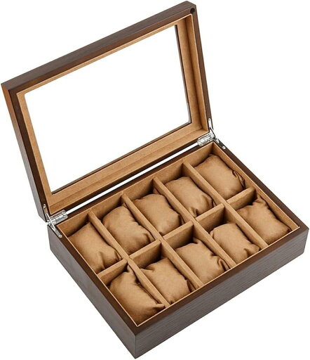 高級 木製 腕時計 収納 ボックス 10本用 ケース ディスプレイ 透明ガラス クッション付き N-J83-T