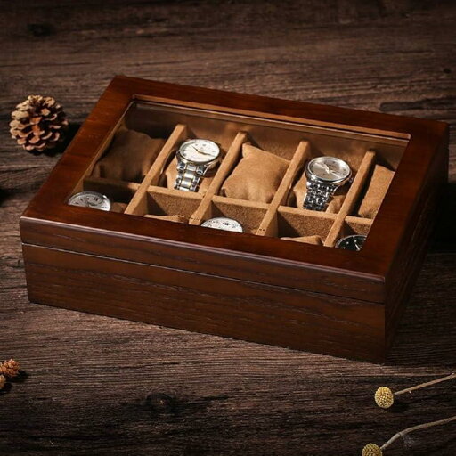 高級 木製 腕時計 収納 ボックス 10本用 ケース ディスプレイ 透明ガラス クッション付き N-J83-T