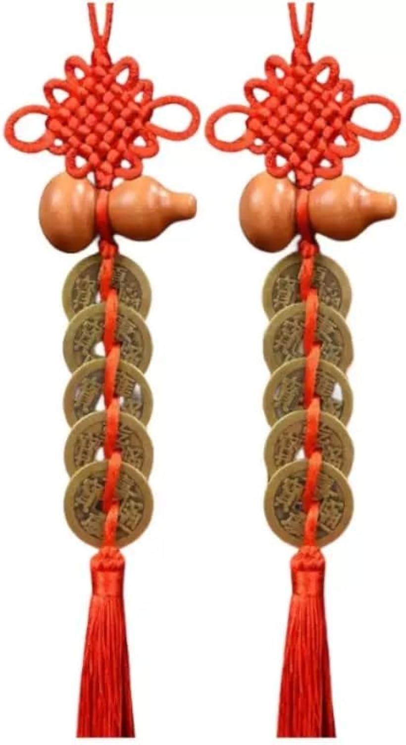 桃の木ひょうたん五銭 赤い結び目の装飾 銅製コイン5枚付き タッセル付き 風水インテリア 2個セット