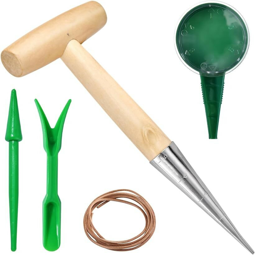 木柄園芸用穴あけ器4本セット 牛革紐付き 植え付け用ガーデニングツール ガーデンホールパンチ 植物の移植 苗の移植用 ガーデンディブラー 10インチ ステンレススチール球根植え付け用木製工具