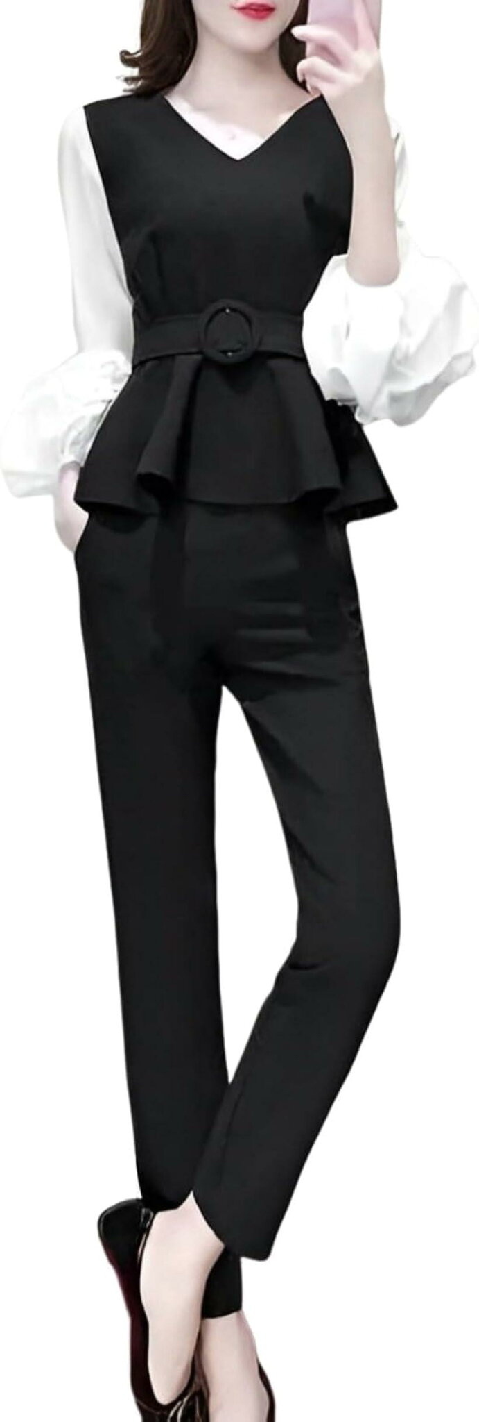 エンプティオ レディース ビジネスカジュアル ブラウス セレモニースーツ セミフォーマル セットアップ きれいめ パンツスーツ 2点セット モダン 上下セット かわいい ツーピース