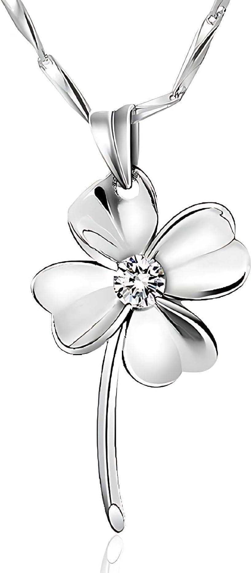 Rakuten - ミャオミャオ キュービックジルコニア シルバー 四葉のクローバー フラワー 花 ネックレス アクセサリー レディース プレゼント ポーチ セット