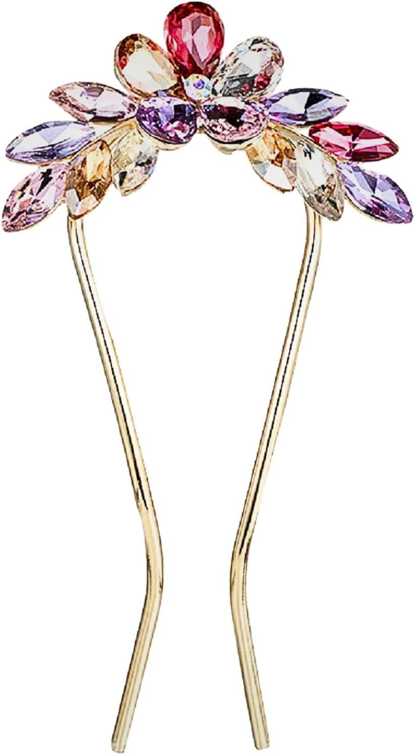 ミャオミャオ 簪 かんざし バチ型 髪飾り 和装 留袖 着物 金属 アンティーク マルチカラー フラワー 花 キュービックジルコニア U字 コーム ヘアアクセサ...