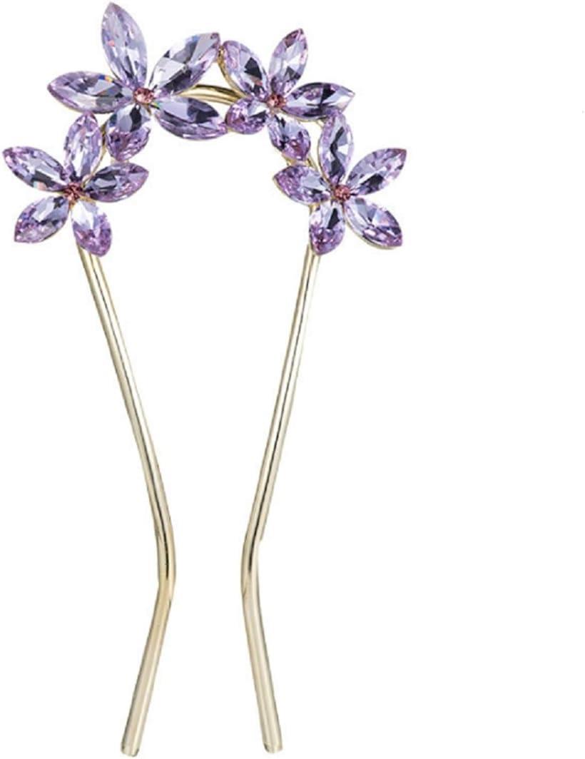 【楽天ランキング1位入賞】ミャオミャオ 簪 かんざし バチ型 髪飾り 和装 留袖 着物 金属 アンティーク パープル クリスタルフラワー 花 キュービックジルコ...