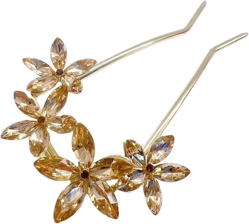ミャオミャオ 簪 かんざし バチ型 髪飾り 和装 留袖 着物 金属 クリスタル 水晶 ジルコニア フラワー モチーフ ゴールド 桜 花 U字 ヘアアクセサリー