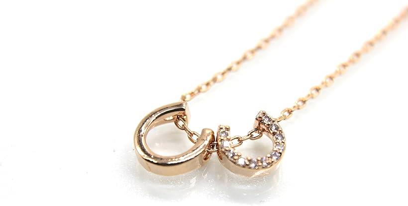 ミャオミャオ キュービックジルコニア ピンクゴールド 幸運のお守り ダブル ツイン 馬蹄 蹄鉄 ホースシュー ネックレス アクセサリー レディース 誕生日 記念日 プレゼント ポーチ セット