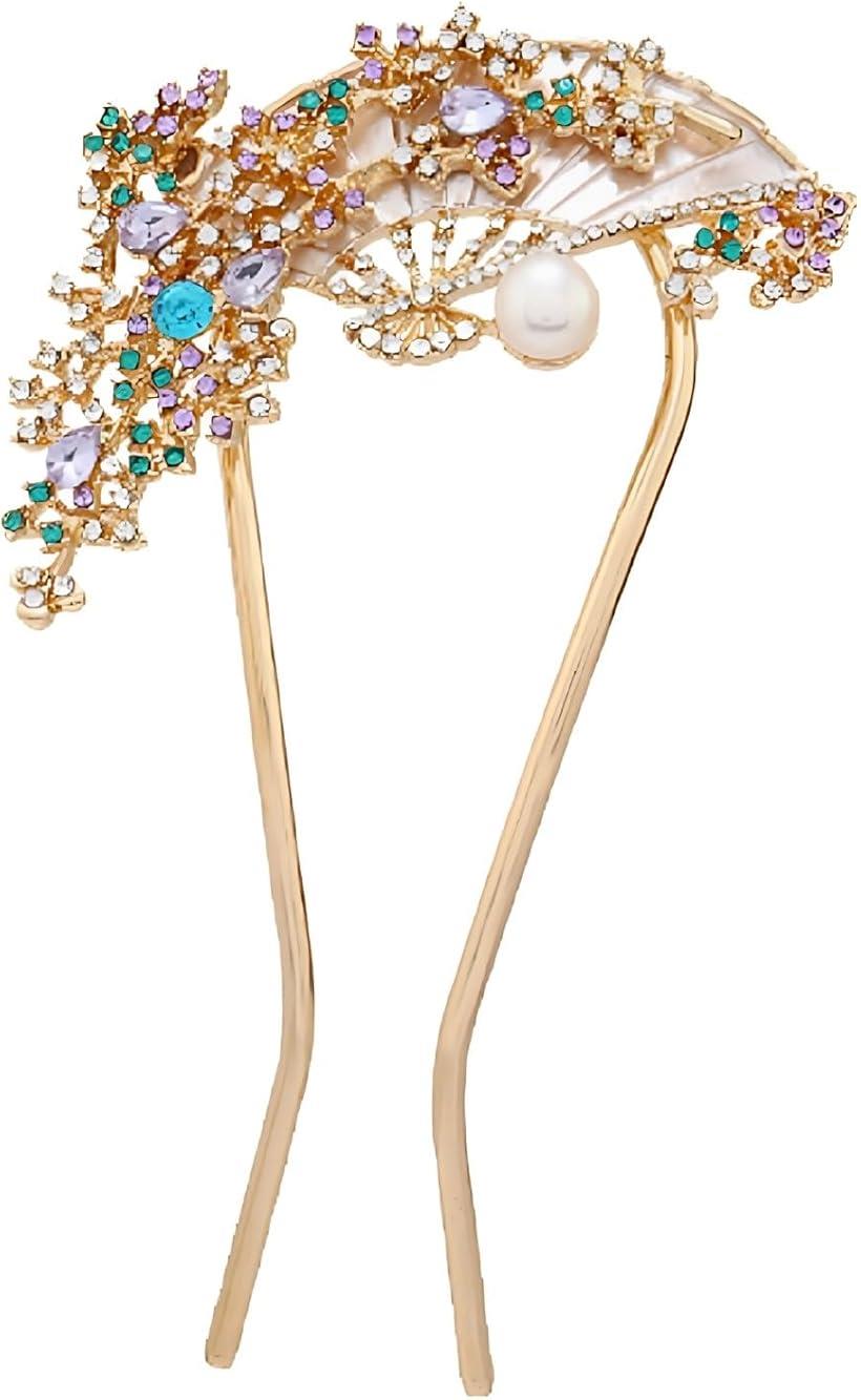 ミャオミャオ 簪 かんざし バチ型 和装 留袖 着物 髪飾り 金属 ゴールド キュービックジルコニア パール フラワー 桜 花 扇 扇子 U字 コーム ヘアアク...