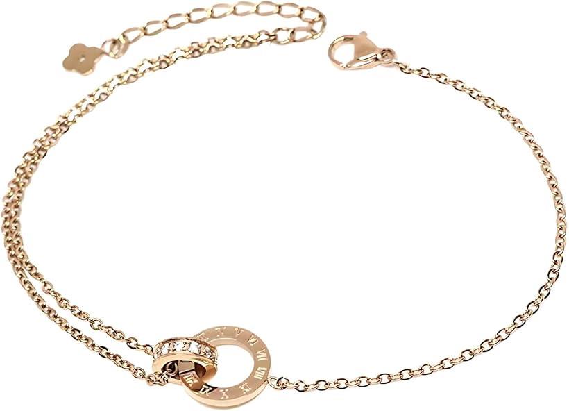 ミャオミャオ スーパー キュービックジルコニア ピンクゴールド ステンレス アンクレット ローマ数字 アクセサリー レディース プレゼント ポーチ セット