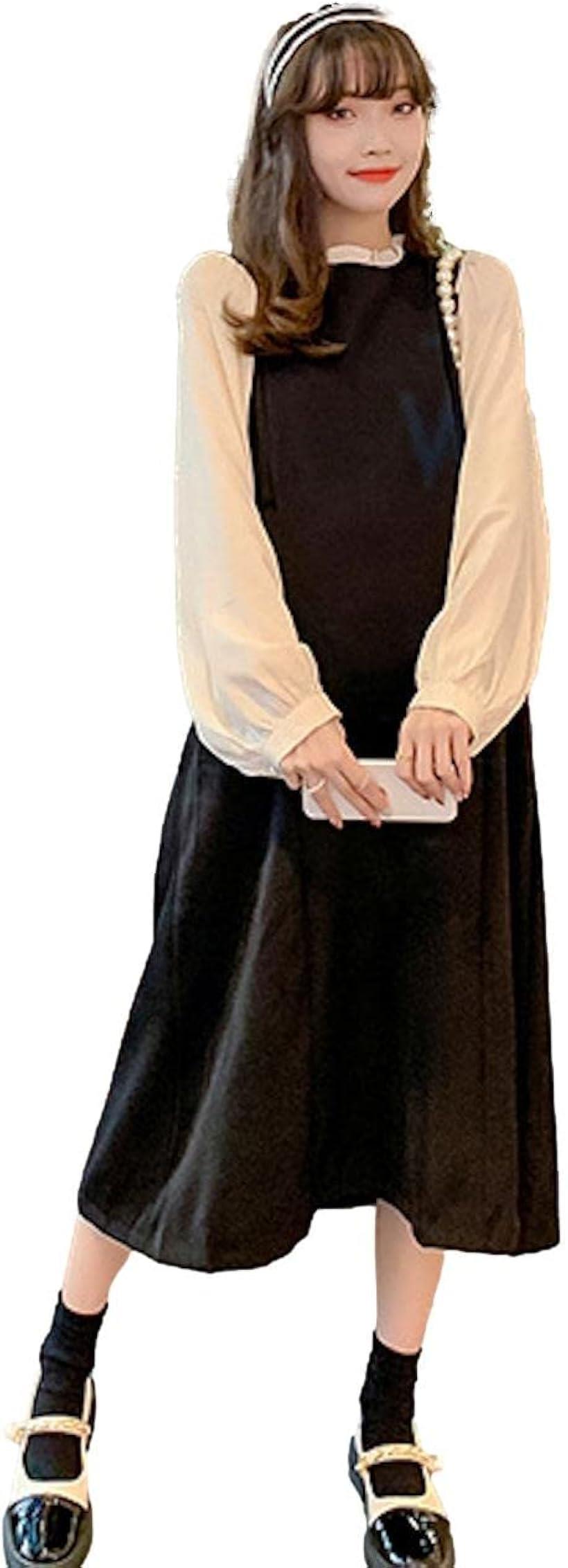 レイヤード風 ロング ワンピース 異素材 ドッキング 長袖 フレア