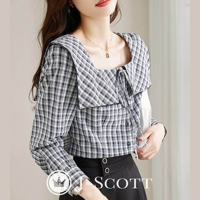 ギンガムチェック リボン 前ボタン 長袖 スクエアネック