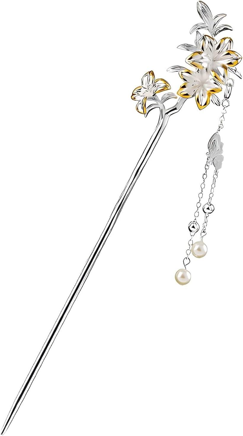 ミャオミャオ 簪 かんざし 一本 和装 留袖 着物 髪飾り 金属 アンティーク フラワー つつじ 躑躅 花 パール シルバー ヘアアクセサリー