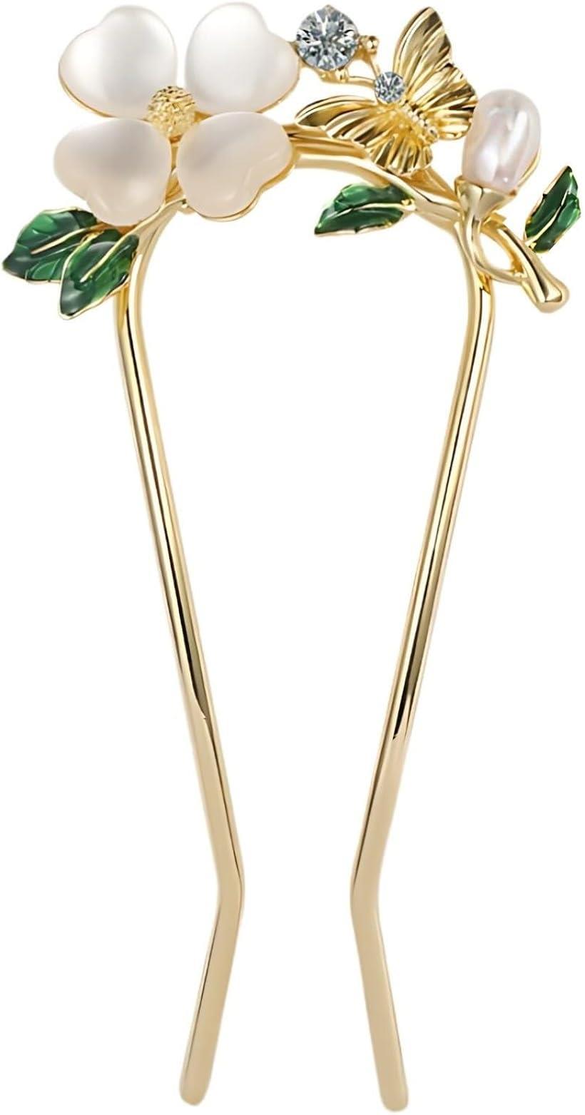 ミャオミャオ 簪 かんざし バチ型 髪飾り 和装 留袖 着物 金属 四葉のクローバー フラワー 花 蝶 パール U字 ヘアアクセサリー ゴールド