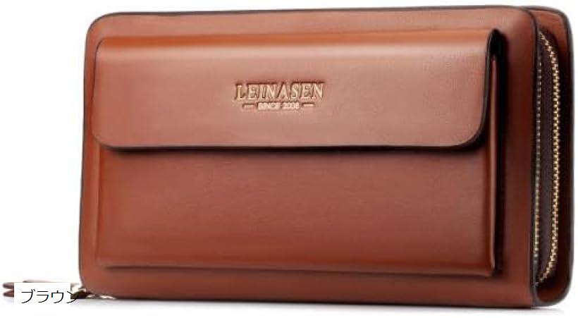 ケンアール セカンドバッグ メンズ 革 レザー クラッチバッグ 大容量 おしゃれ ストラップ 長財布 ラウンドファスナー ブラウン(4)