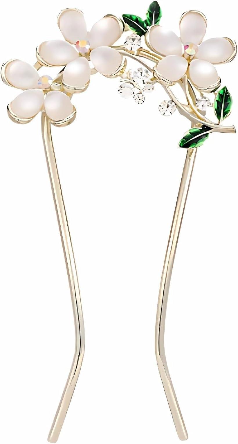 ミャオミャオ 簪 かんざし バチ型 髪飾り 和装 留袖 着物 金属 浴衣 ブーケ フラワー 花束 リーフ U字 ヘアアクセサリー ゴールド