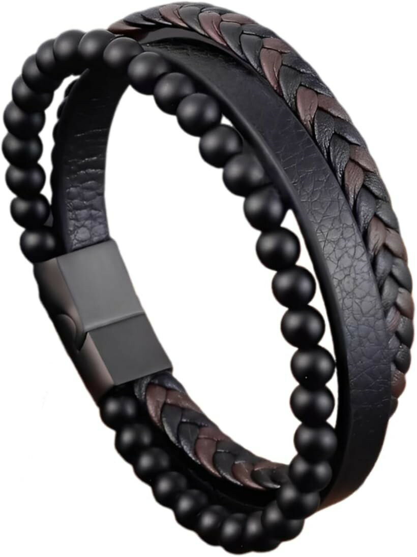 Other , Materials - メンズ バングル 3連 ブラック フェイクレザー puレザー 編み込み 収納袋付き