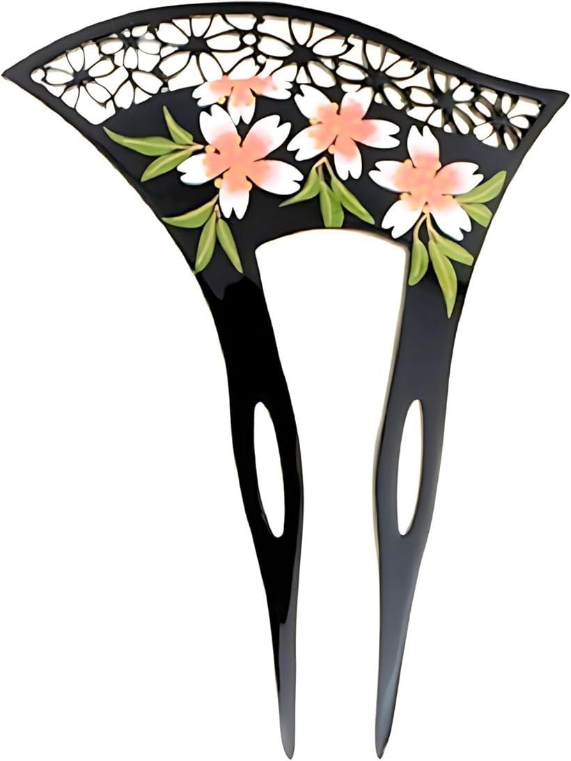 ミャオミャオ 簪 かんざし バチ型 髪飾り 和装 留袖 着物 桜 花 フラワー U字 ブラック ヘアアクセサリー プレゼント クロス セット