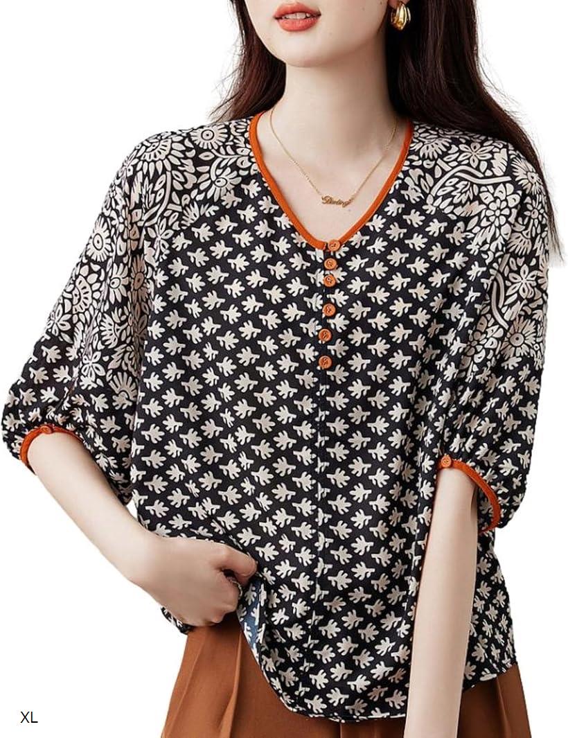 プリントシフォンブラウス ボタニカル柄 パフスリーブ 五分袖 エスニック 総柄 裏地なし 柄ブラウス 薄手 袖デザイン 大人っぽい カバー 高身長 襟なし シック 柄物 服 都会的 リッチ 柄あり コーデ ストレッチ キレイめ XL
